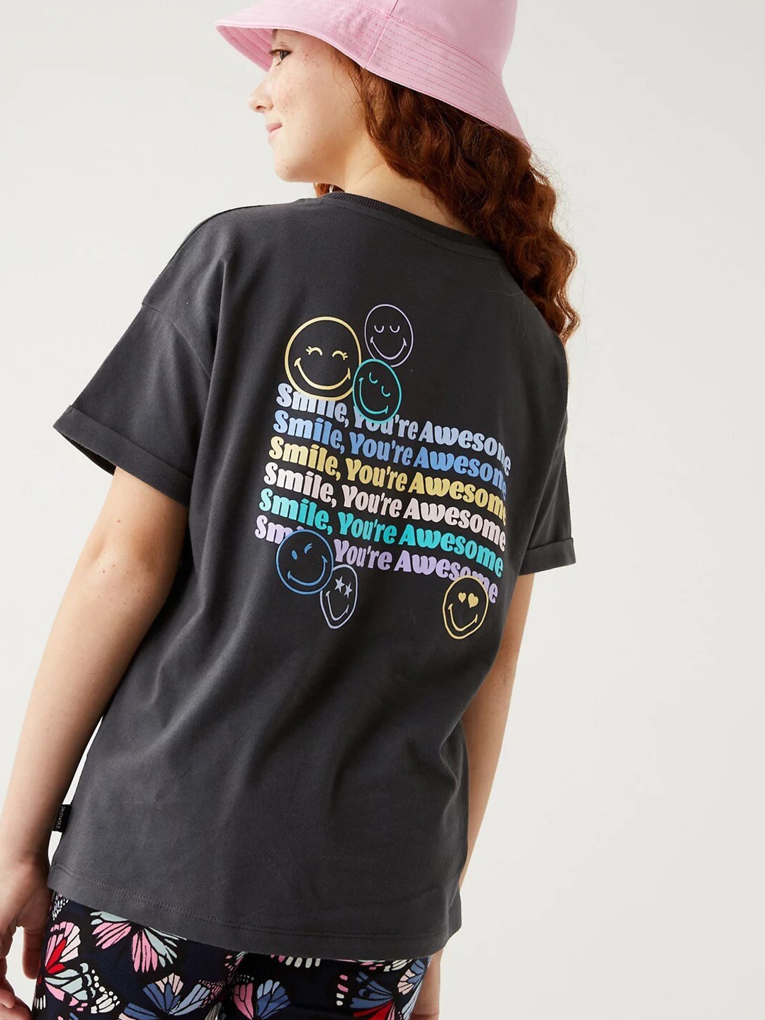 

Marks & Spencer Girls Typography Printed Drop-Shoulder Sleeves T-shirt, Charcoal