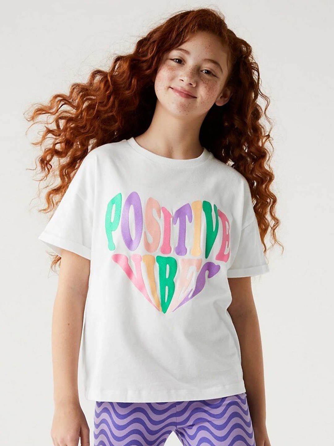 

Marks & Spencer Girls Typography Printed Drop-Shoulder Sleeves Pure Cotton T-shirt, White