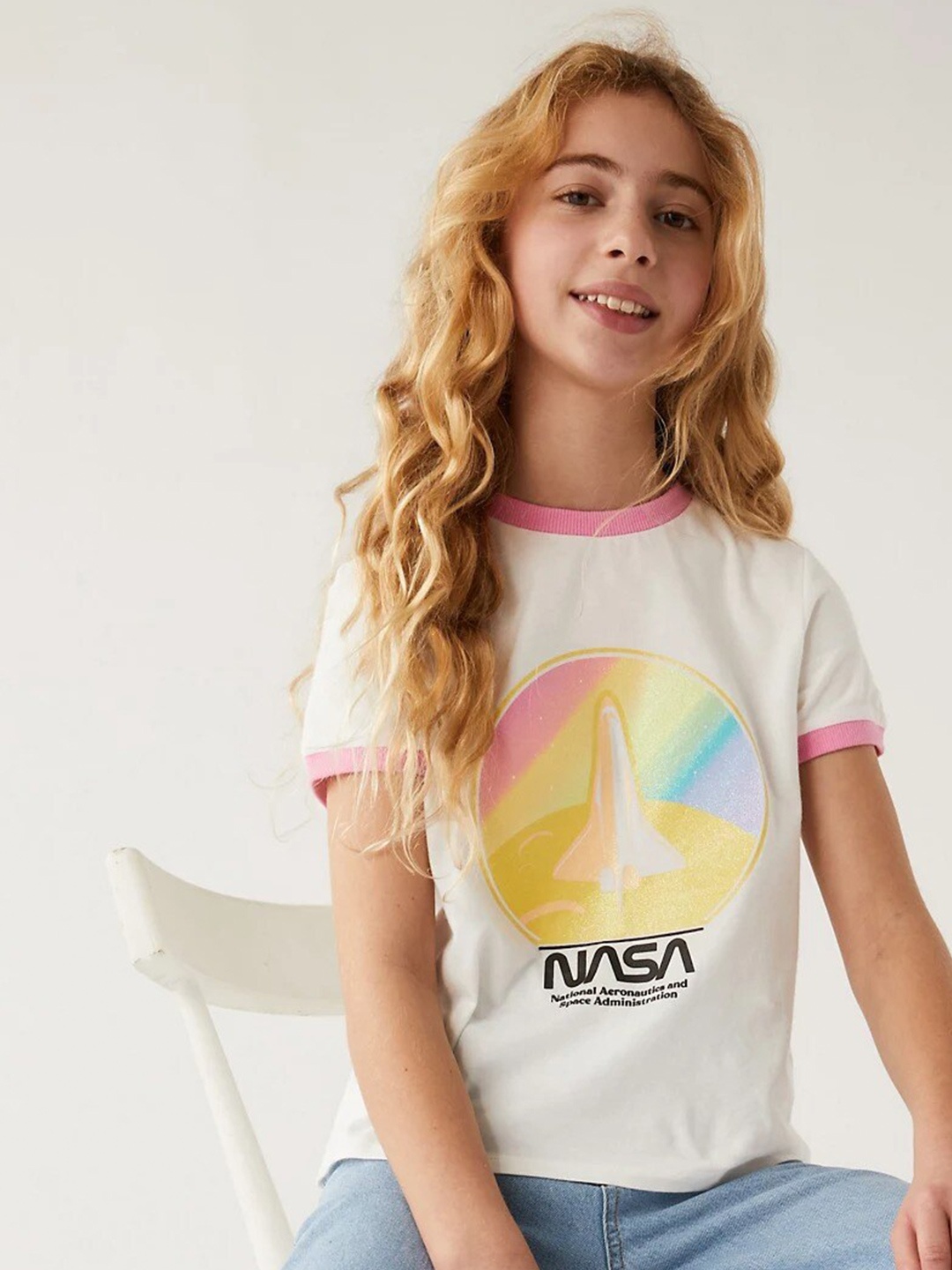 

Marks & Spencer Girls Graphic Printed Pure Cotton T-Shirt, White