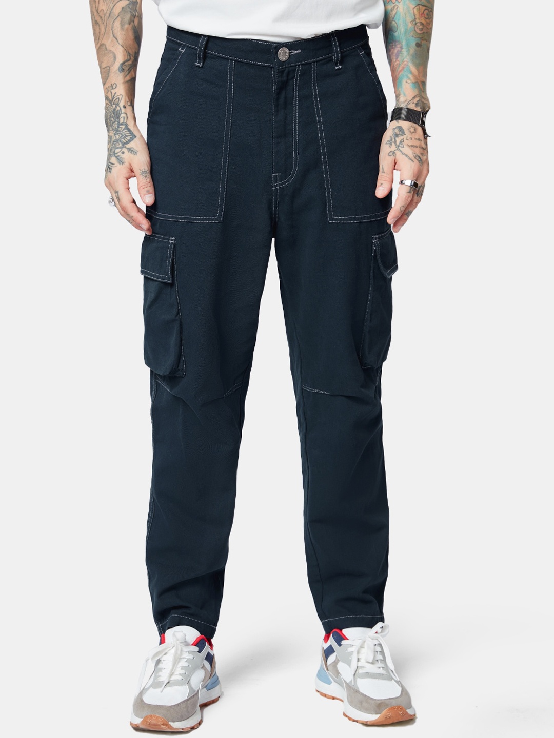

The Souled Store Men Regular Fit Mid-Rise Pure Cotton Cargos, Navy blue