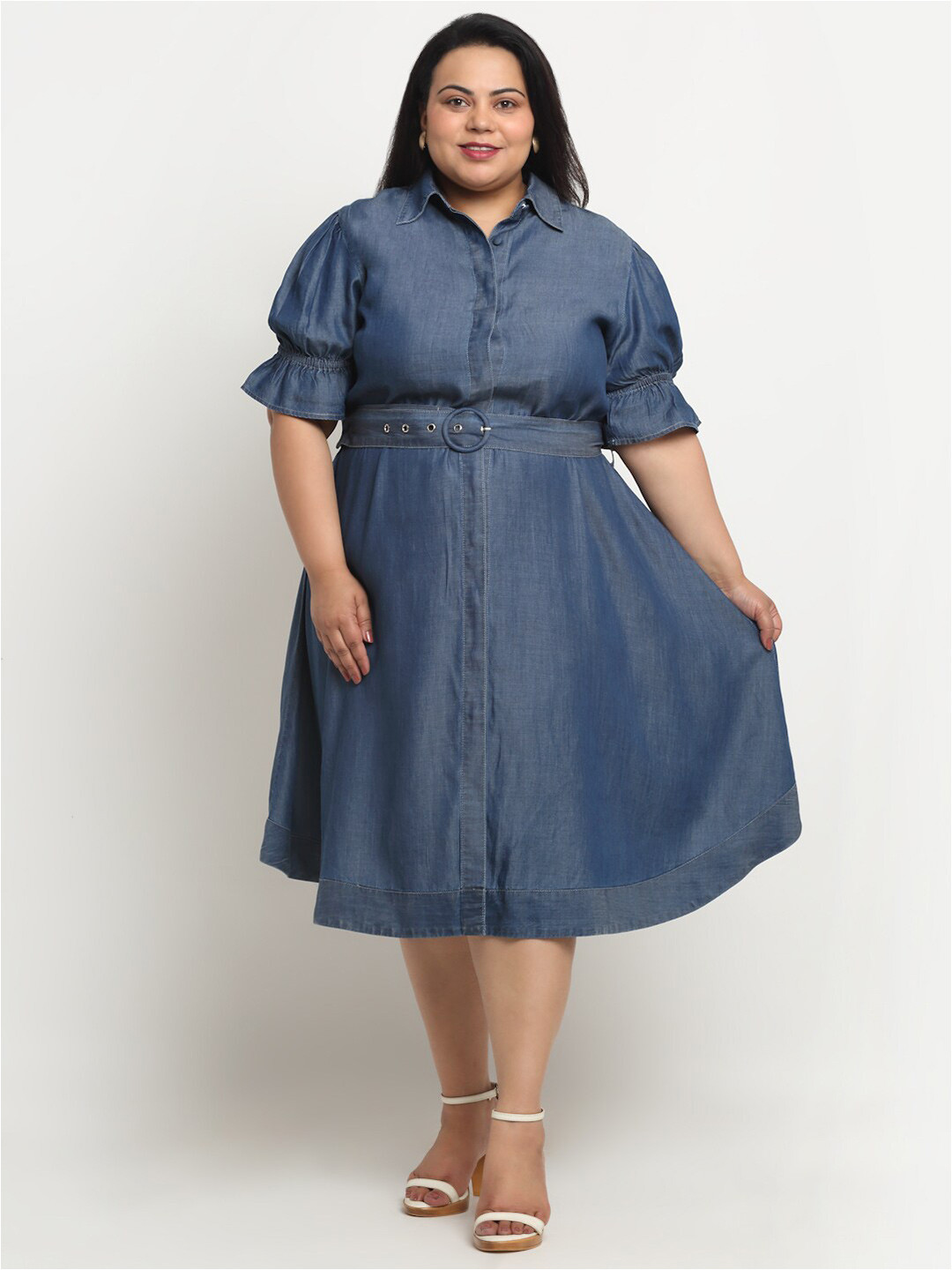

sindrellastorie Plus Size Puff Sleeves Denim Shirt Midi Dress With Belt, Blue