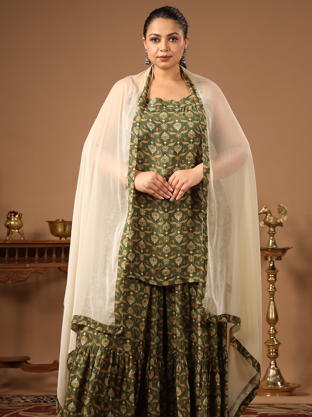 

anayna Floral Printed Regular Kurta with Sharara & With Dupatta, Green