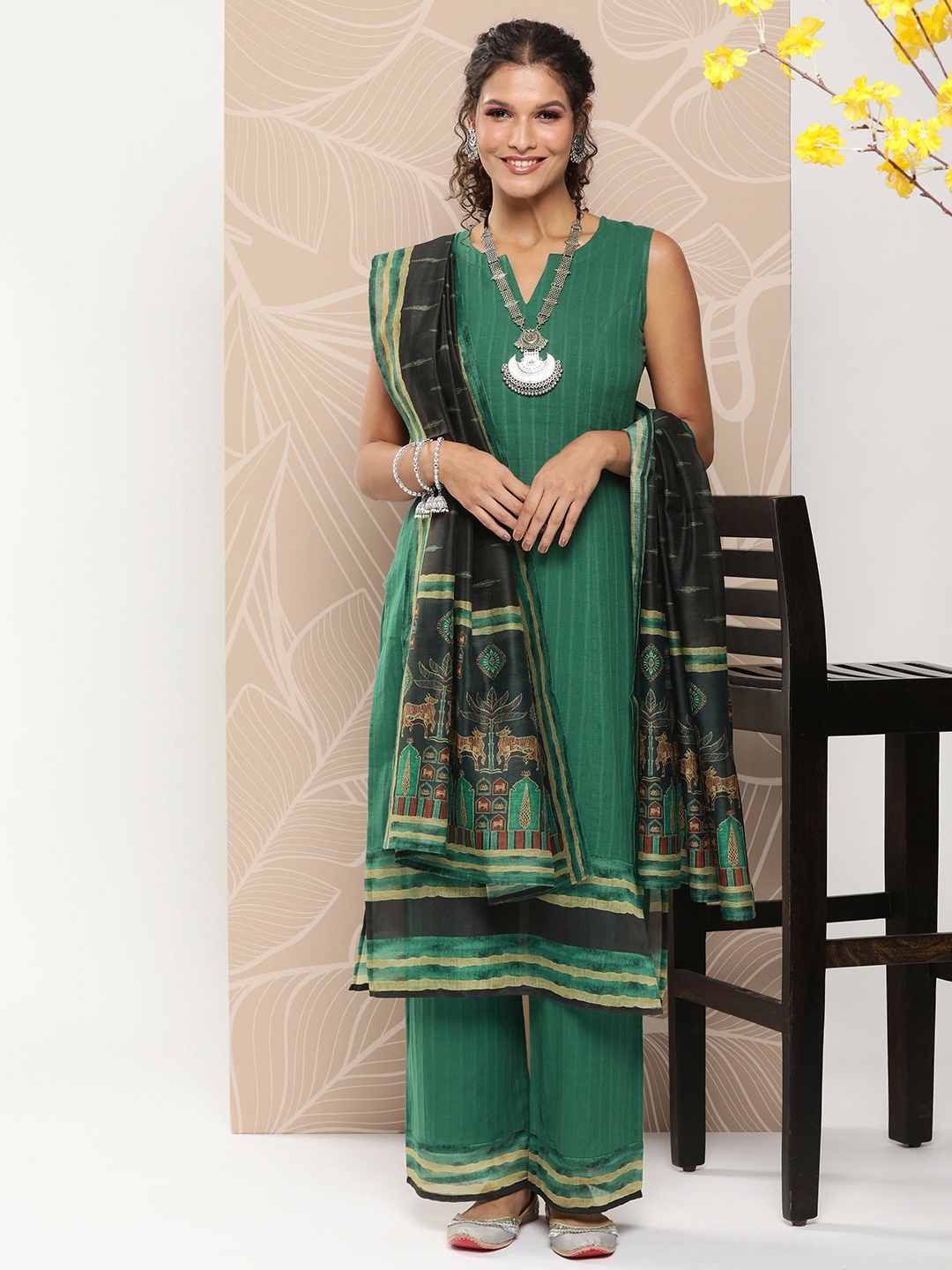 

anayna Pure Cotton Kurta with Trousers & With Dupatta, Green