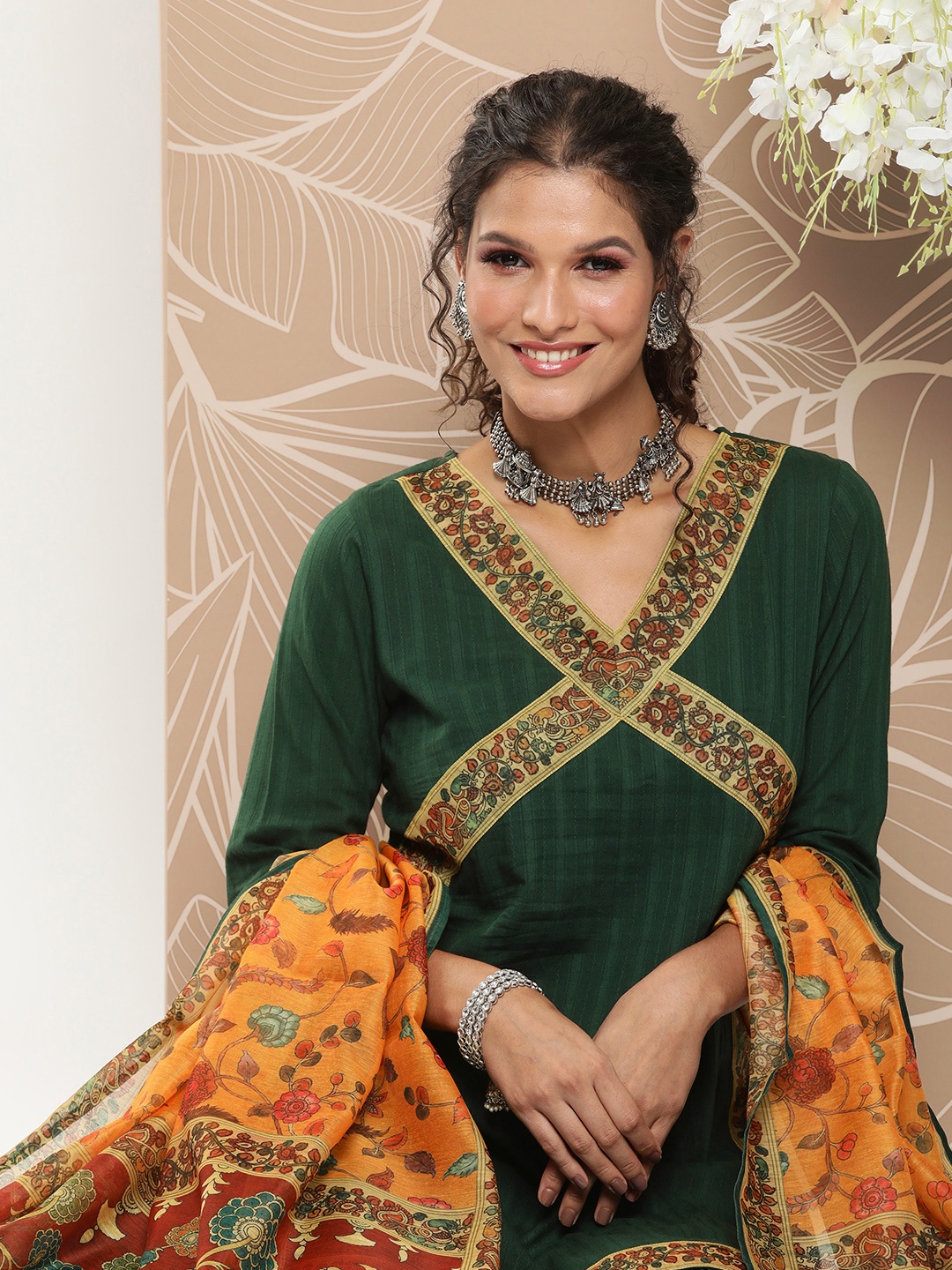 

anayna Floral Pure Cotton Kurta with Trousers & With Dupatta, Green