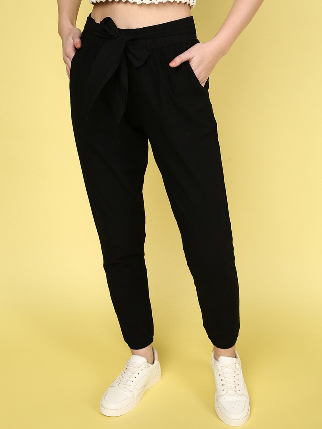 

JUNEBERRY Women High-Rise Cotton Trousers, Black