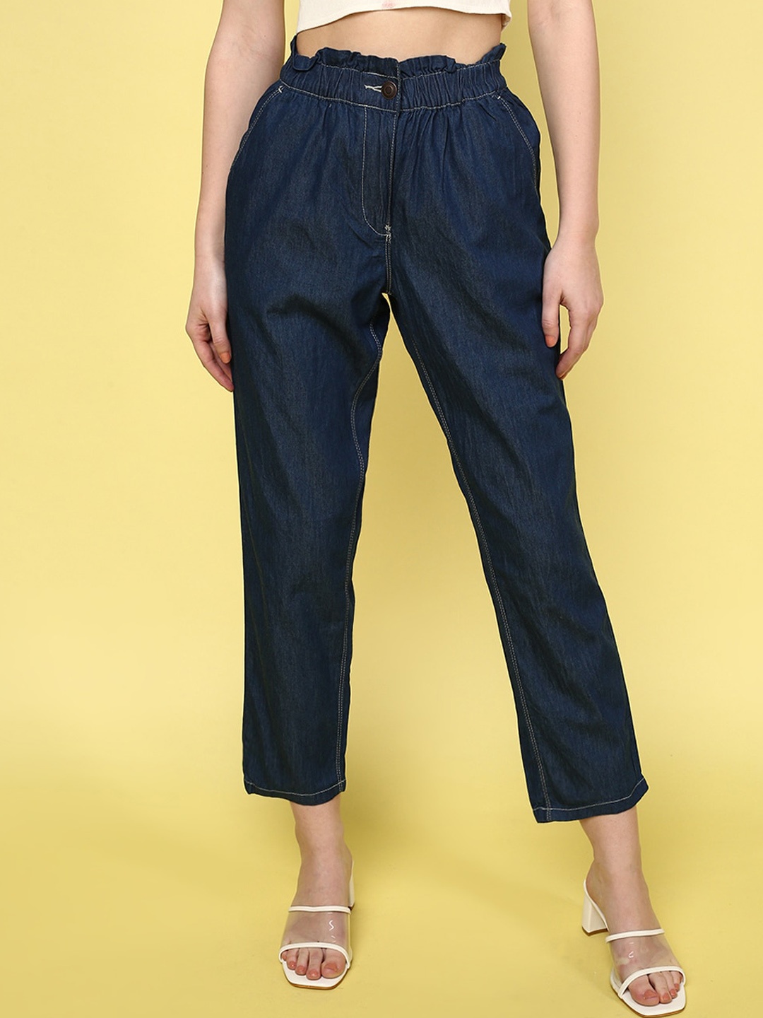 

JUNEBERRY Women Original Relaxed Fit High-Rise Cropped Cotton Jeans, Navy blue