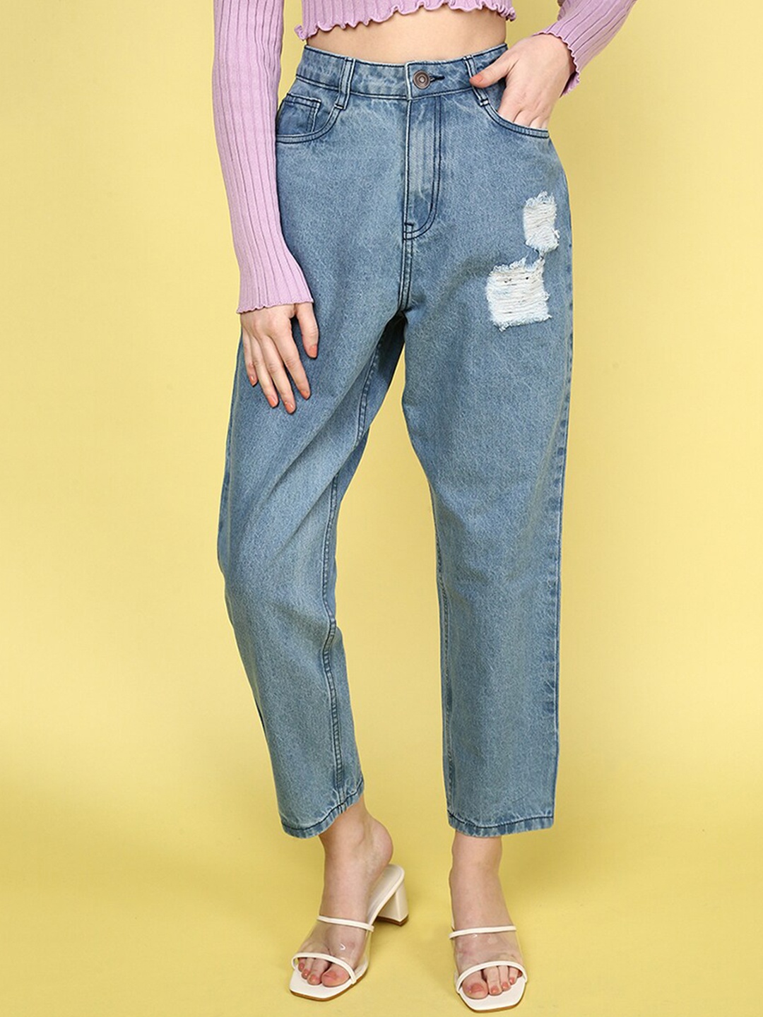 

JUNEBERRY Women Original High-Rise Highly Distressed Heavy Fade Cotton Jeans, Blue