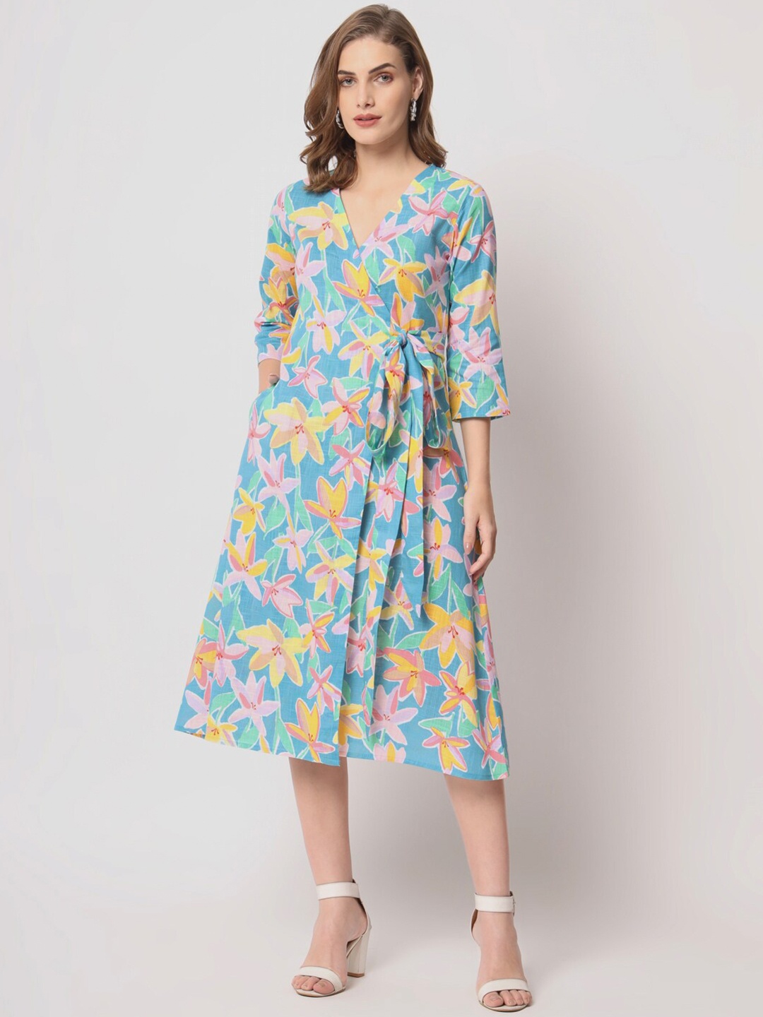 

Lake Peace Floral Printed Pure Cotton Wrap Midi Dress, Turquoise blue