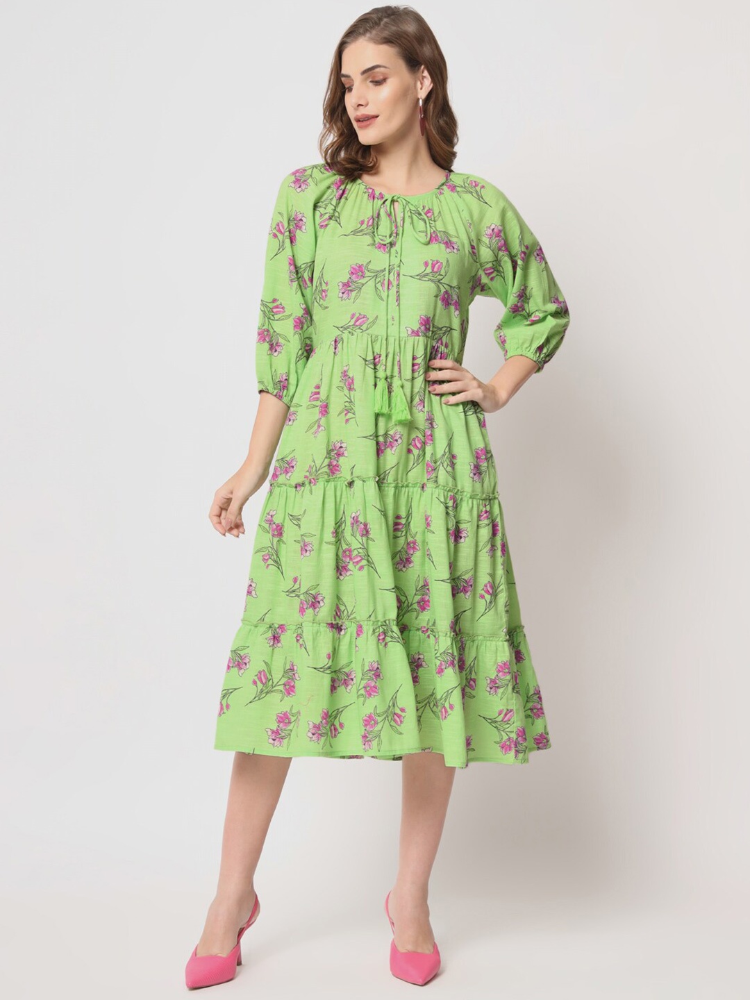 

Lake Peace Floral Printed Tie-Up Neck Tiered Pure Cotton Fit & Flare Midi Dress, Lime green