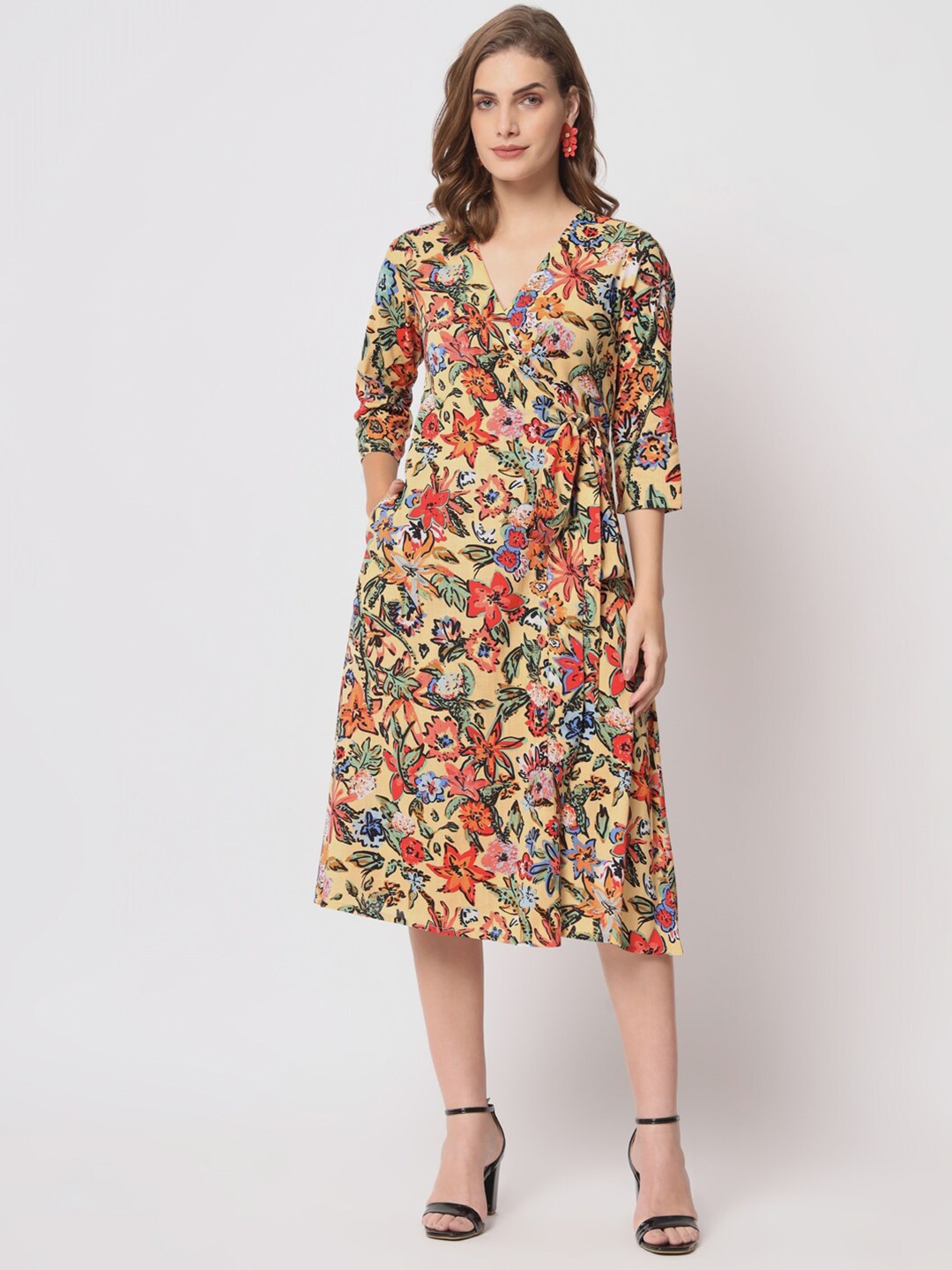 

Lake Peace Floral Printed V Neck Pure Cotton Wrap Midi Dress, Yellow