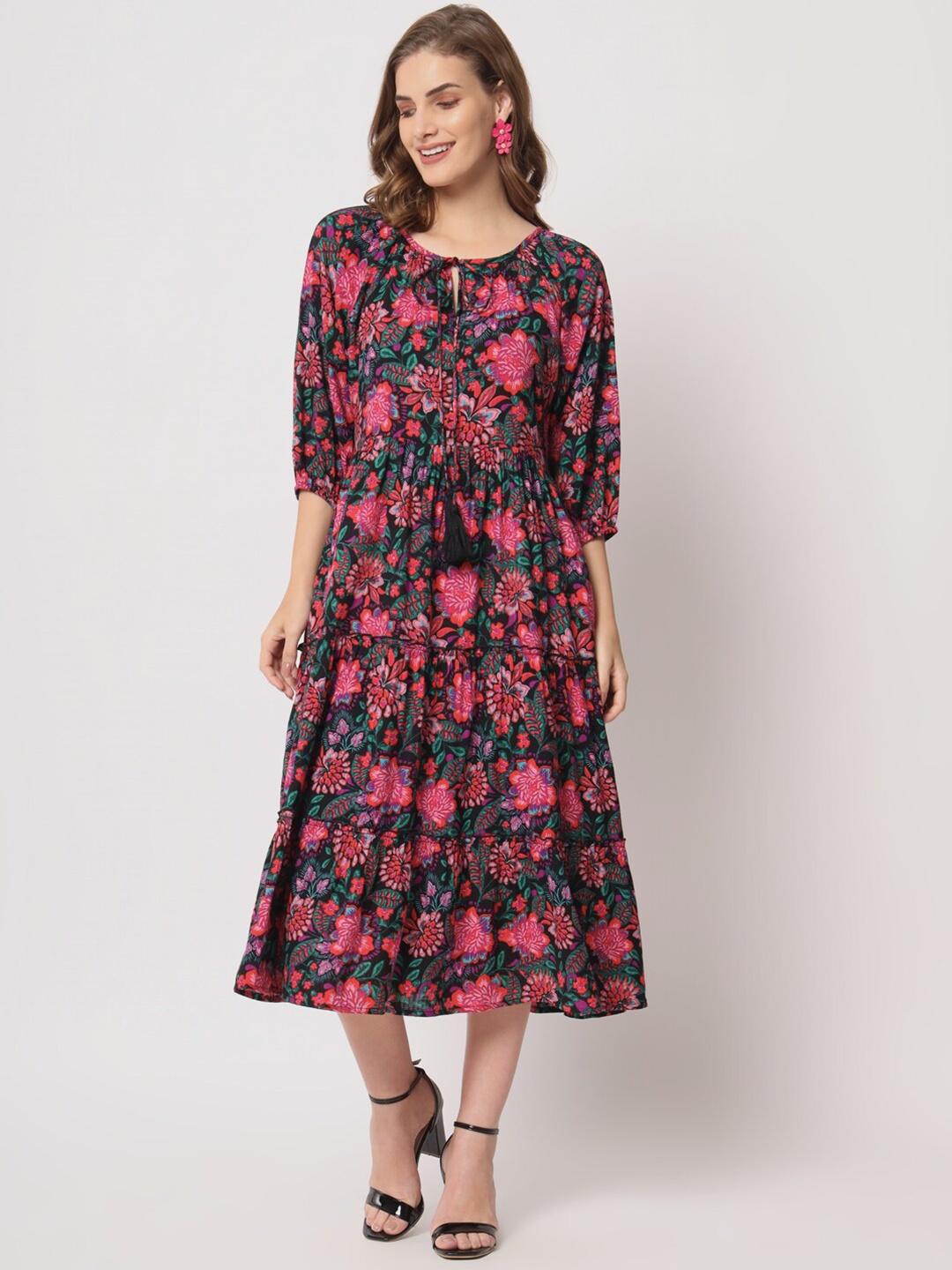 

Lake Peace Floral Print Fit & Flare Midi Dress, Black