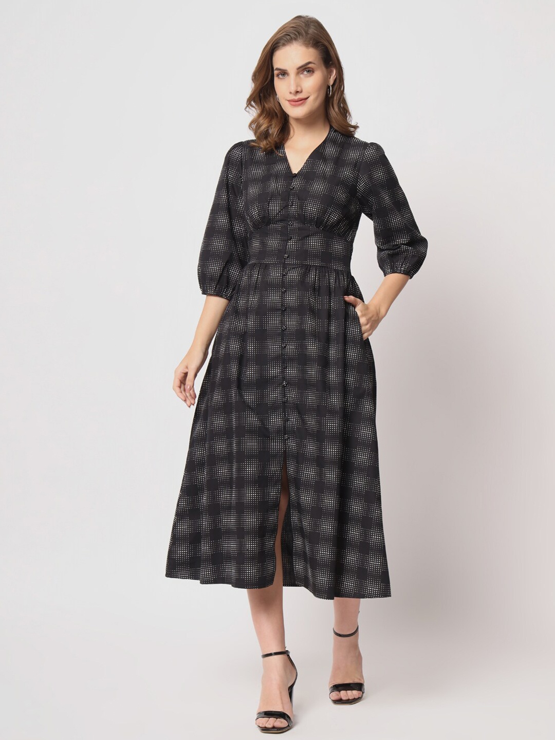

Lake Peace Checked Monochrome Pure Cotton Fit & Flare Midi Dress, Black