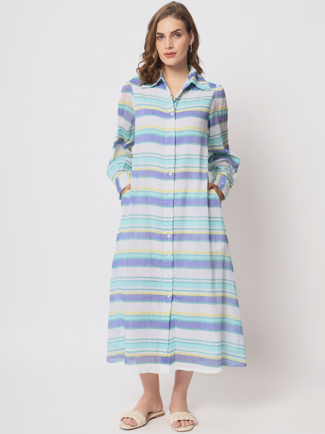 

Lake Peace Striped Shirt Collar Cuffed Sleeves Pure Cotton Shirt Midi Dress, White