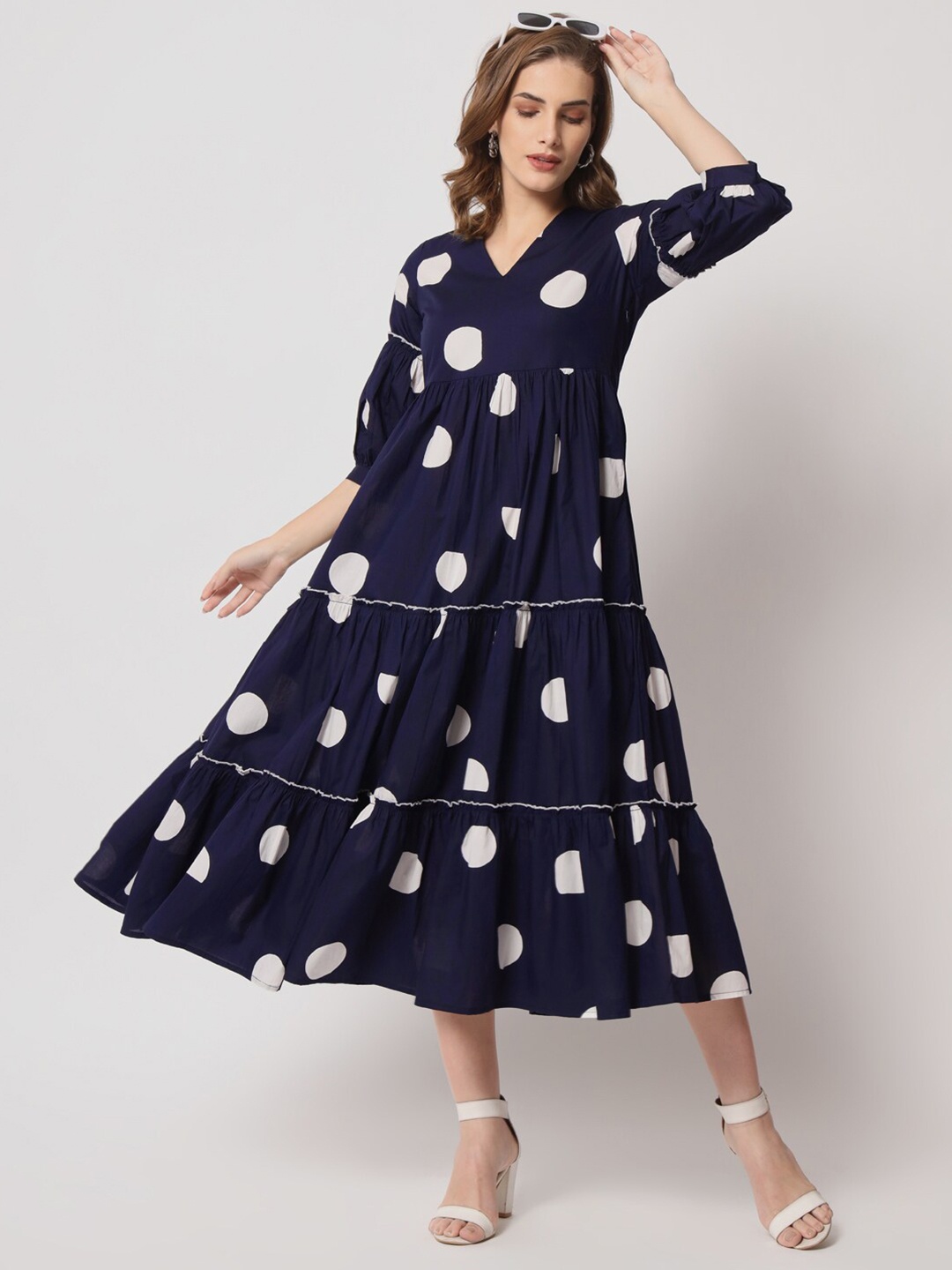 

Lake Peace V-Neck Tiered Polka Dots Printed A-Line Midi Pure Cotton Dress, Navy blue