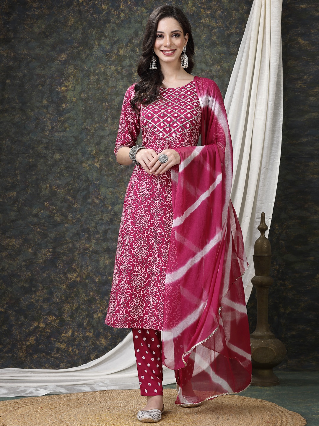 

Stylum Bandhani Printed Gotta Patti Kurta with Trousers & Dupatta, Pink