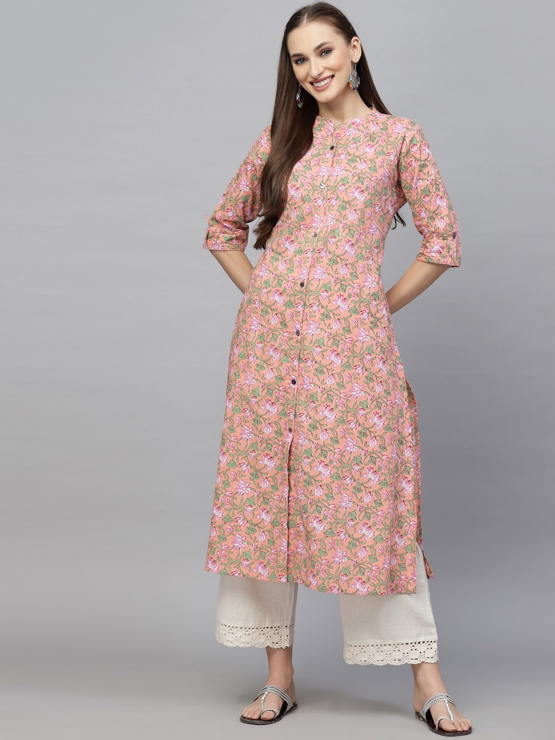 

Stylum Mandarin Collar Floral Printed Screen Print Cotton Kurta, Peach
