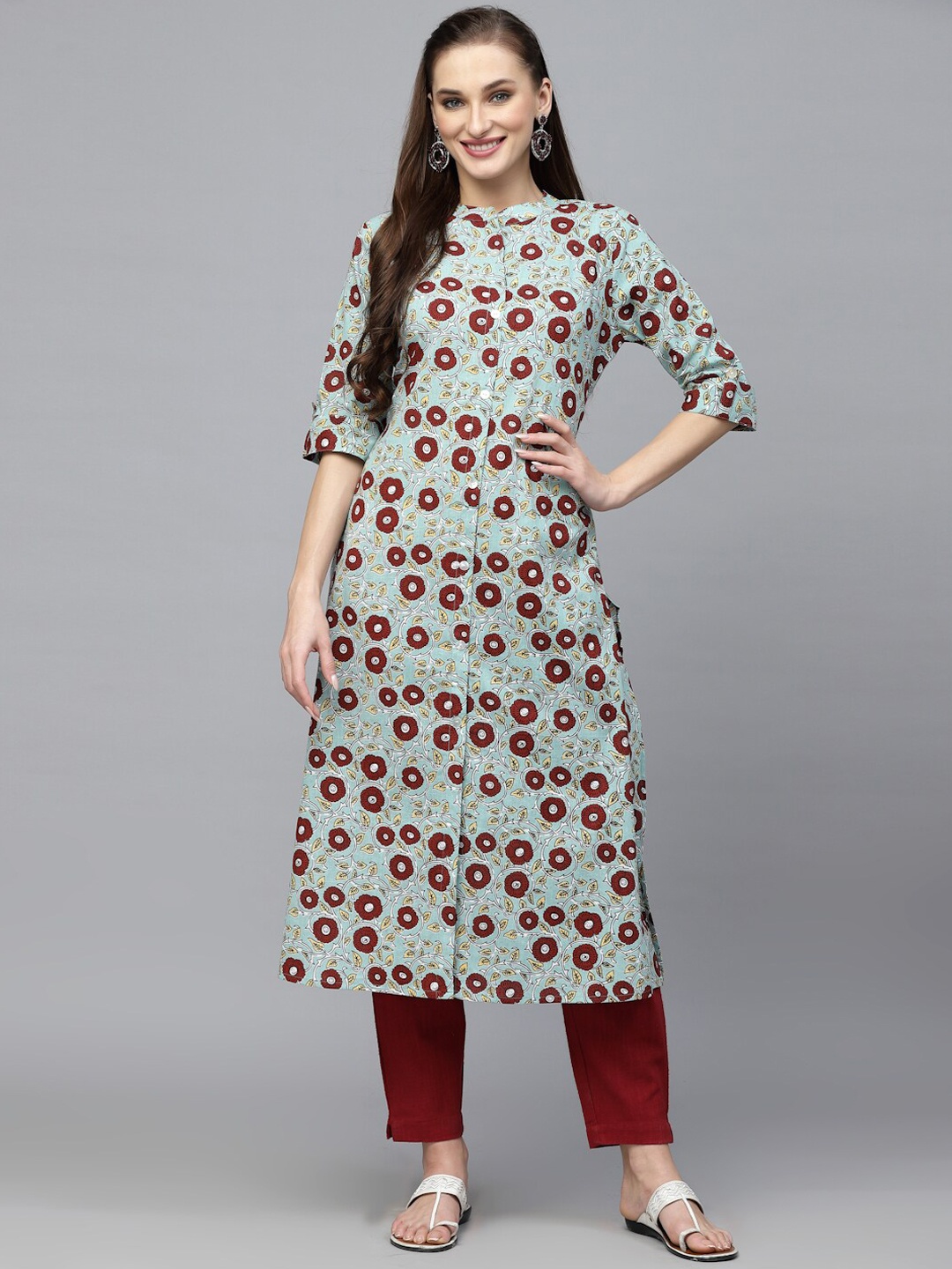 

Stylum Mandarin Collar Floral Printed Screen Print Kurta, Turquoise blue