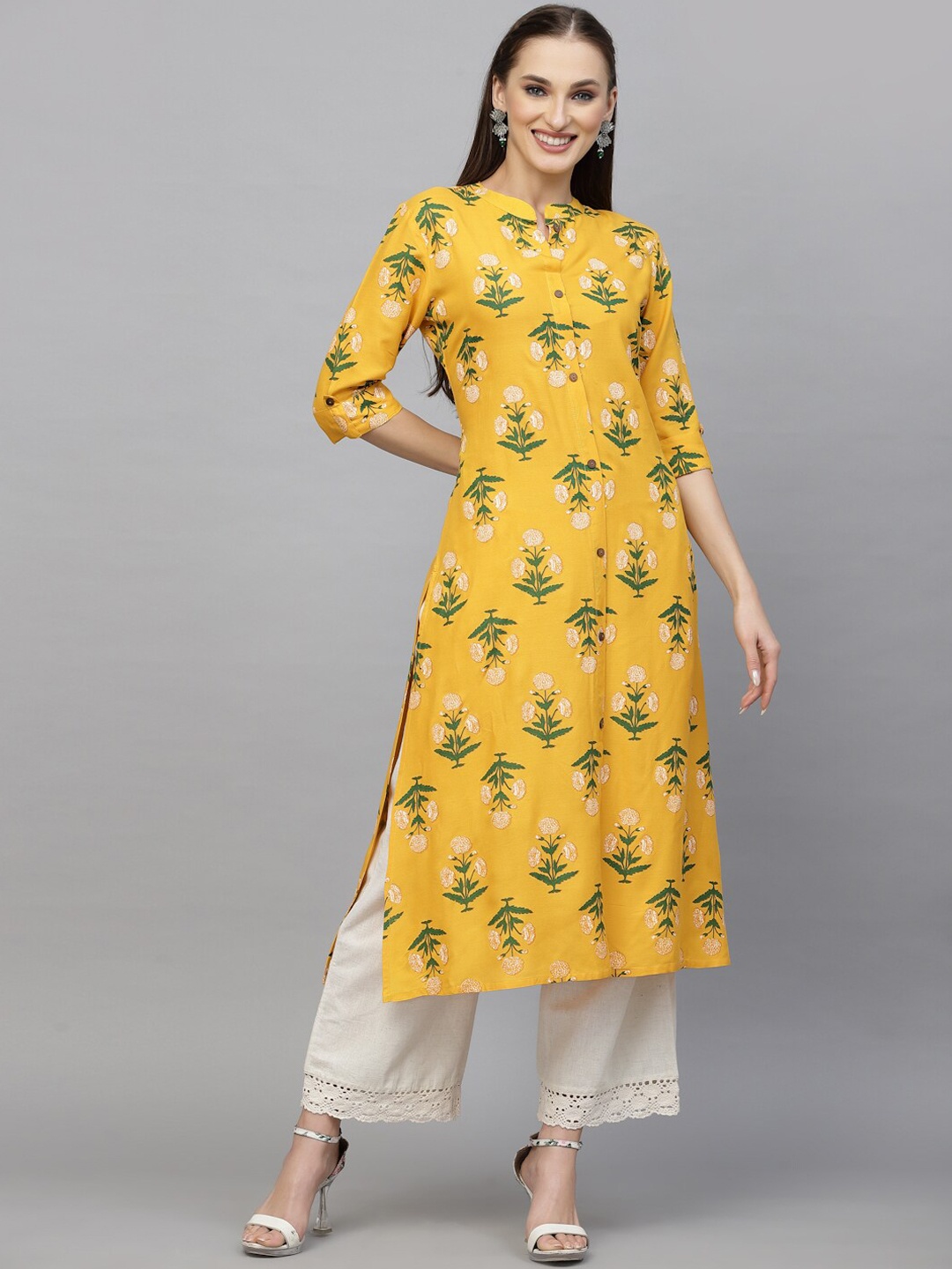 

Stylum Mandarin Collar Floral Printed Screen Print Kurta, Yellow