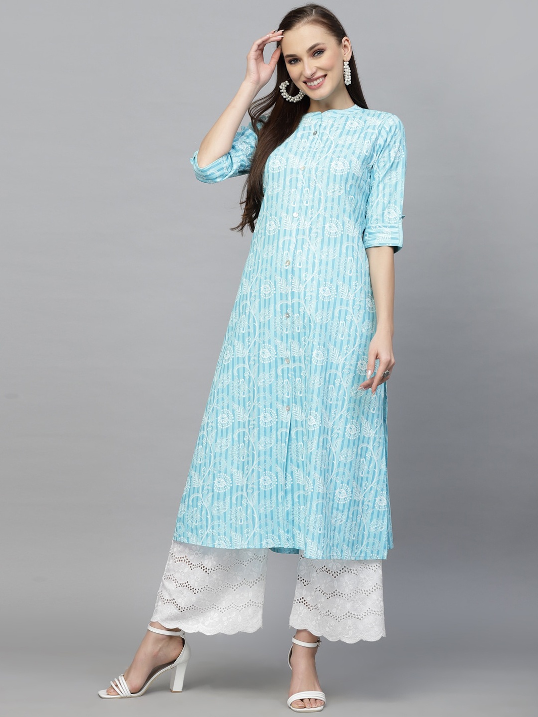 

Stylum Band Collar Floral Printed Straight Cotton Kurta, Turquoise blue