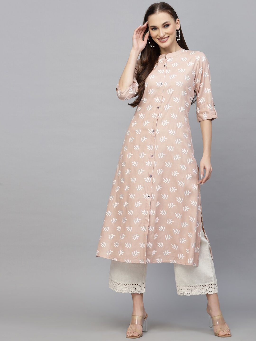 

Stylum Mandarin Collar Ethnic Motifs Printed Kurta, Beige