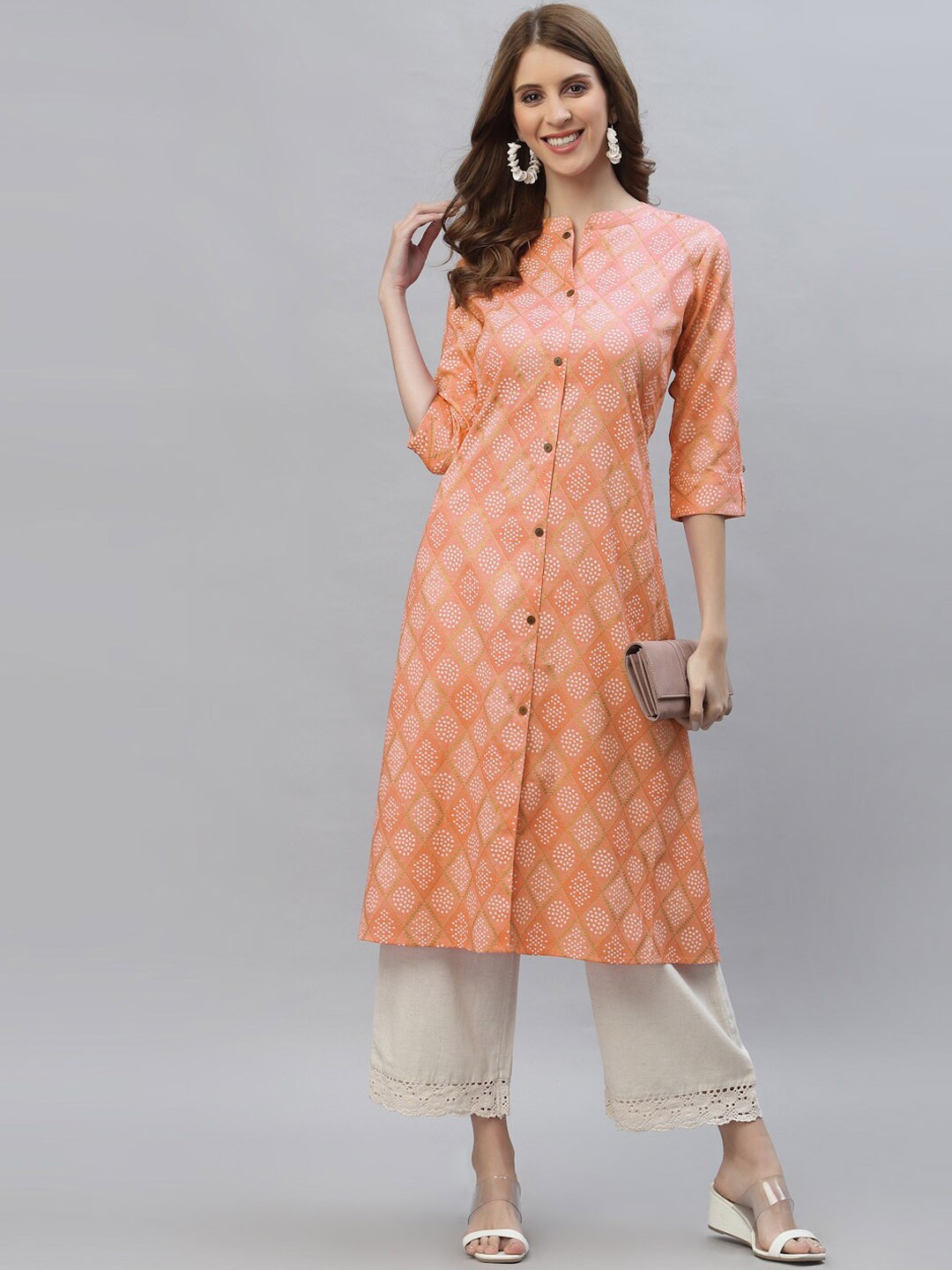 

Stylum Band Collar Ethnic Motifs Bandhani Printed Straight Cotton Kurta, Orange