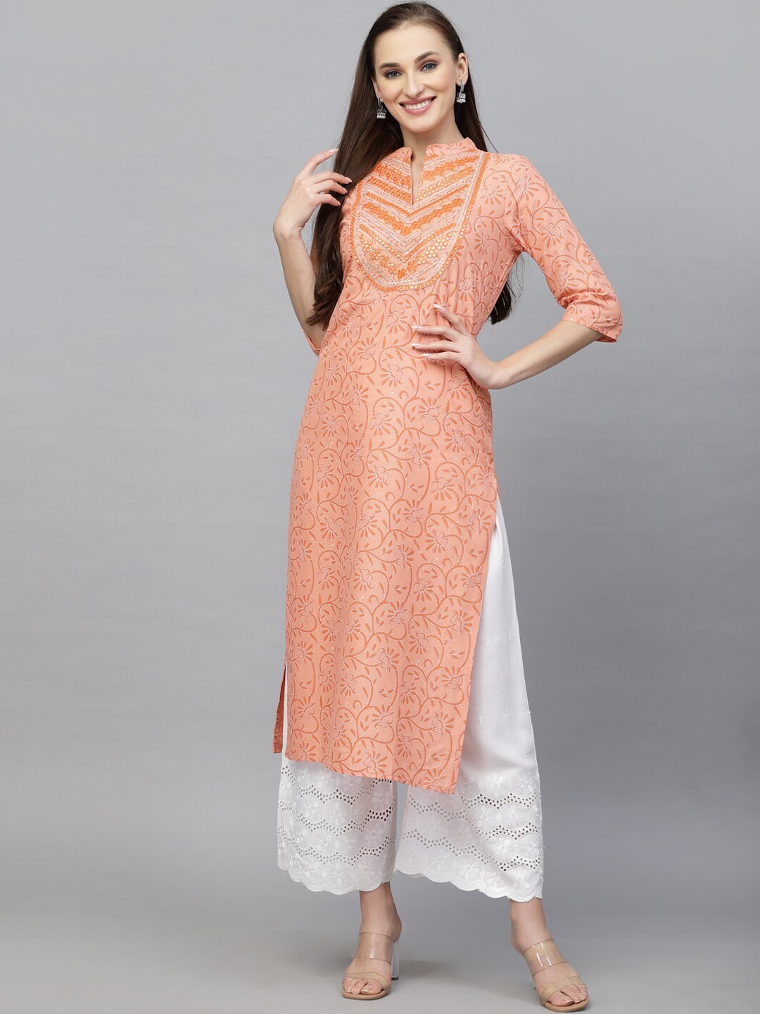 

Stylum Ethnic Motifs Printed Mirror Work Floral Screen Print Kurta, Orange