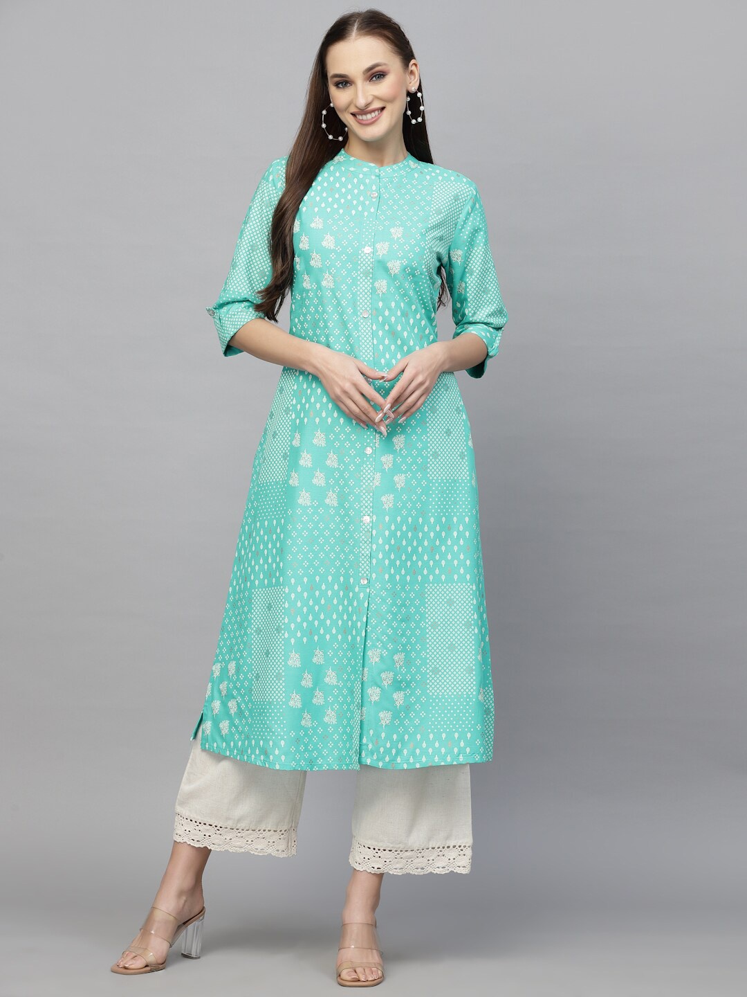 

Stylum Band Collar Floral Printed Straight Kurta, Turquoise blue