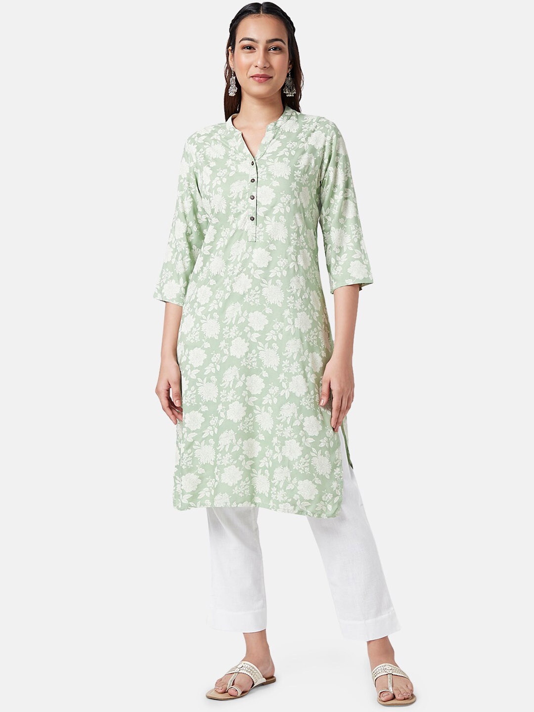 

RANGMANCH BY PANTALOONS Floral Printed Mandarin Collar Straight Kurta, Sea green