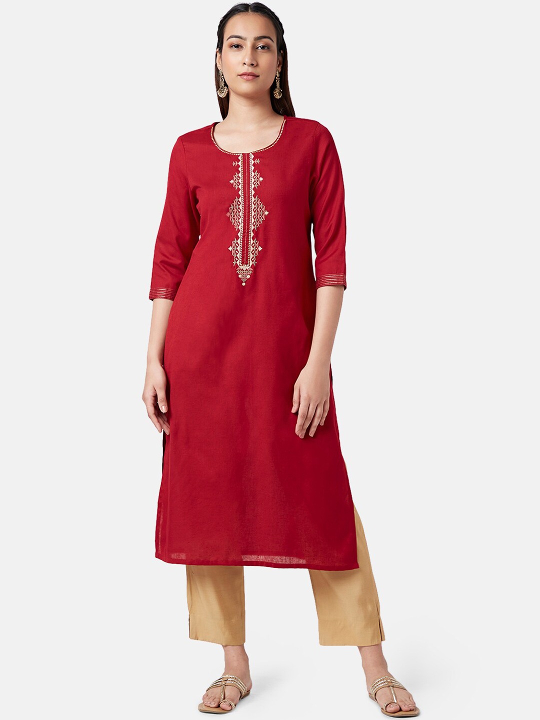 

RANGMANCH BY PANTALOONS Geometric Yoke Design Thread Work Kurta, Red