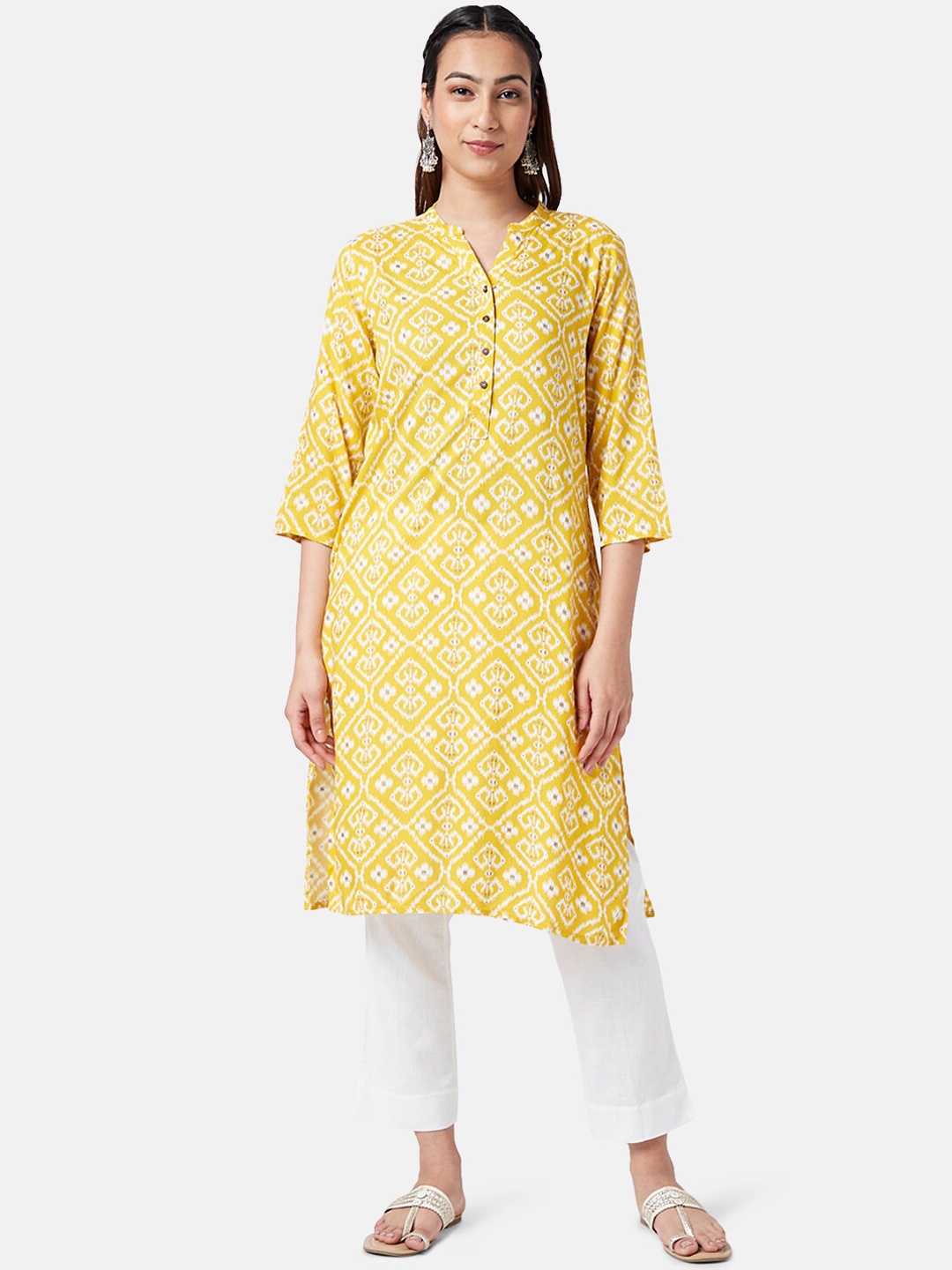 

RANGMANCH BY PANTALOONS Ethnic Motifs Printed Mandarin Collar Straight Kurta, Yellow