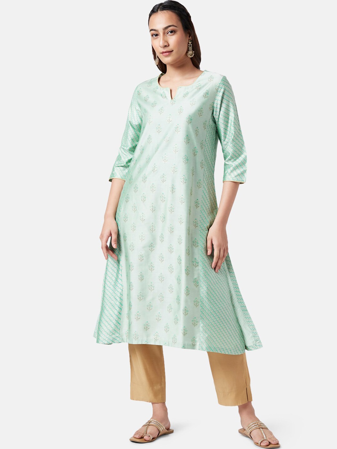 

RANGMANCH BY PANTALOONS Ethnic Motifs Printed Notched Neck A-Line Kurta, Sea green