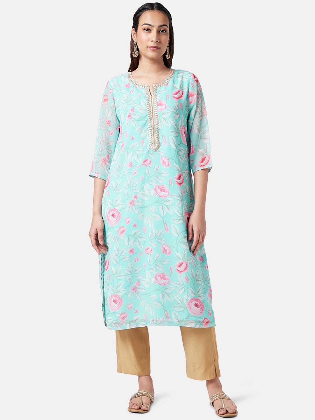 

RANGMANCH BY PANTALOONS Floral Printed Thread Work Georgette Kurta, Blue
