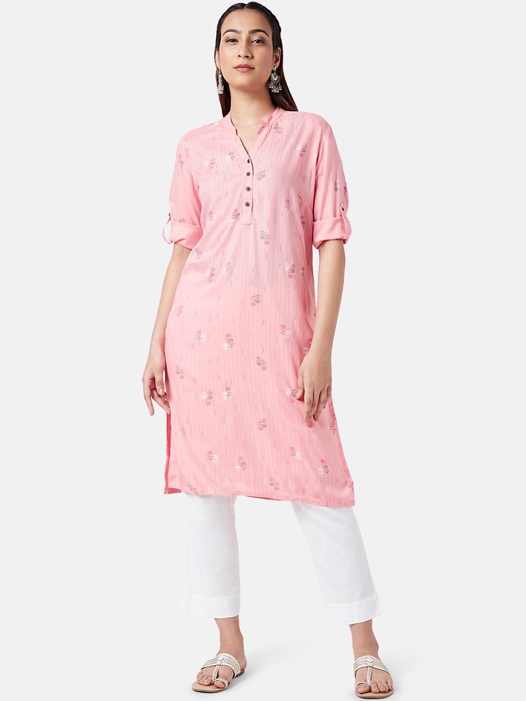 

RANGMANCH BY PANTALOONS Floral Printed Mandarin Collar Straight Kurta, Pink