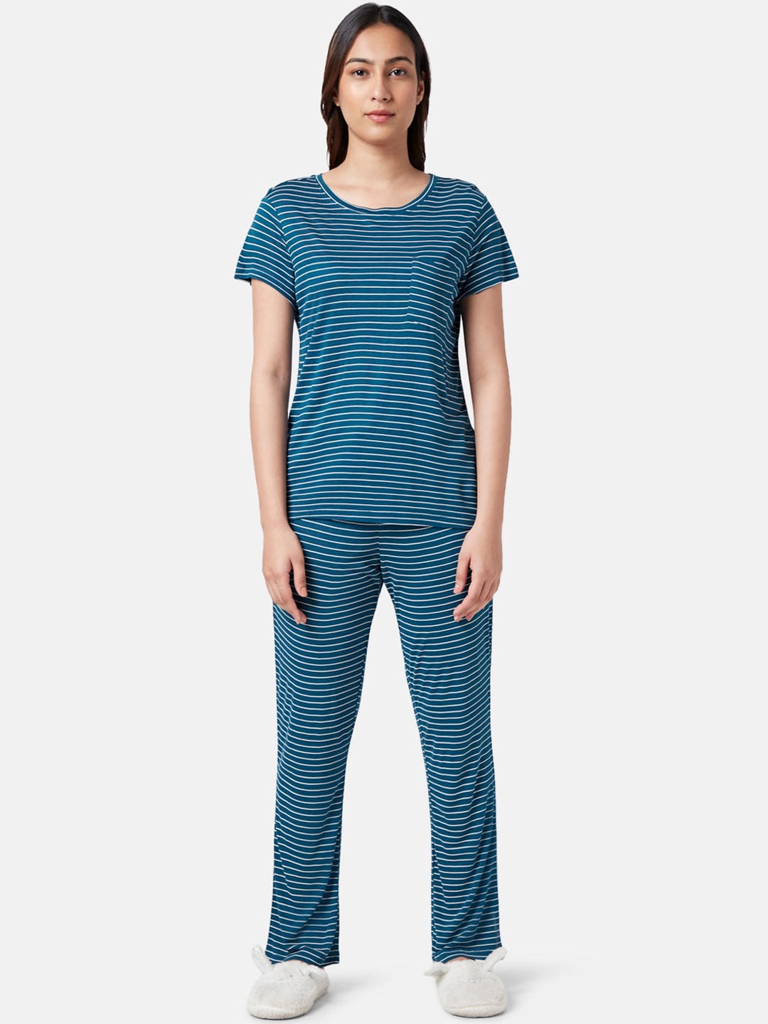 

Dreamz by Pantaloons Striped Night Suit, Teal