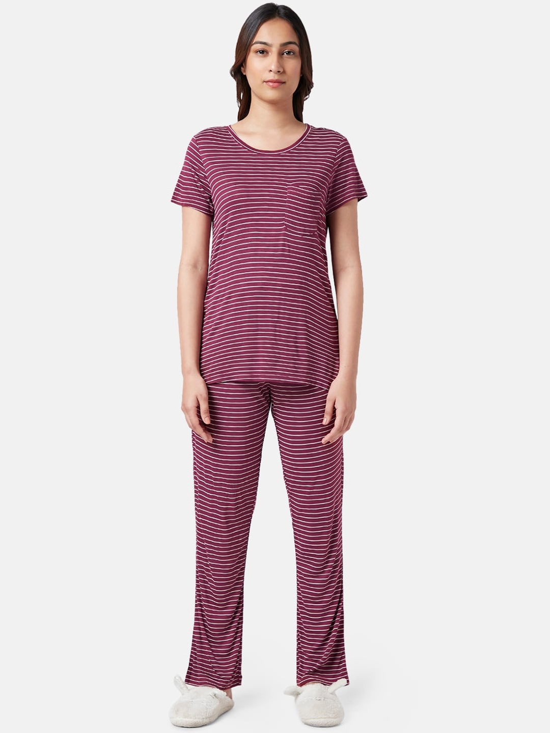 

Dreamz by Pantaloons Striped Night Suit, Burgundy