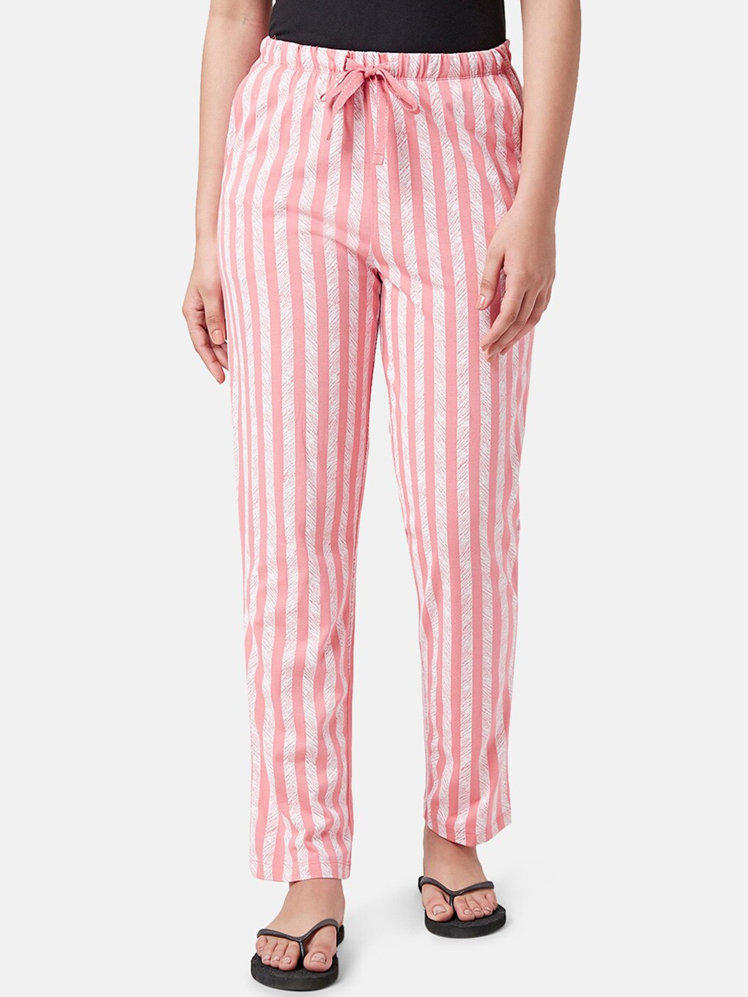 

Dreamz by Pantaloons Women Striped Mid-Rise Cotton Lounge Pants, Pink