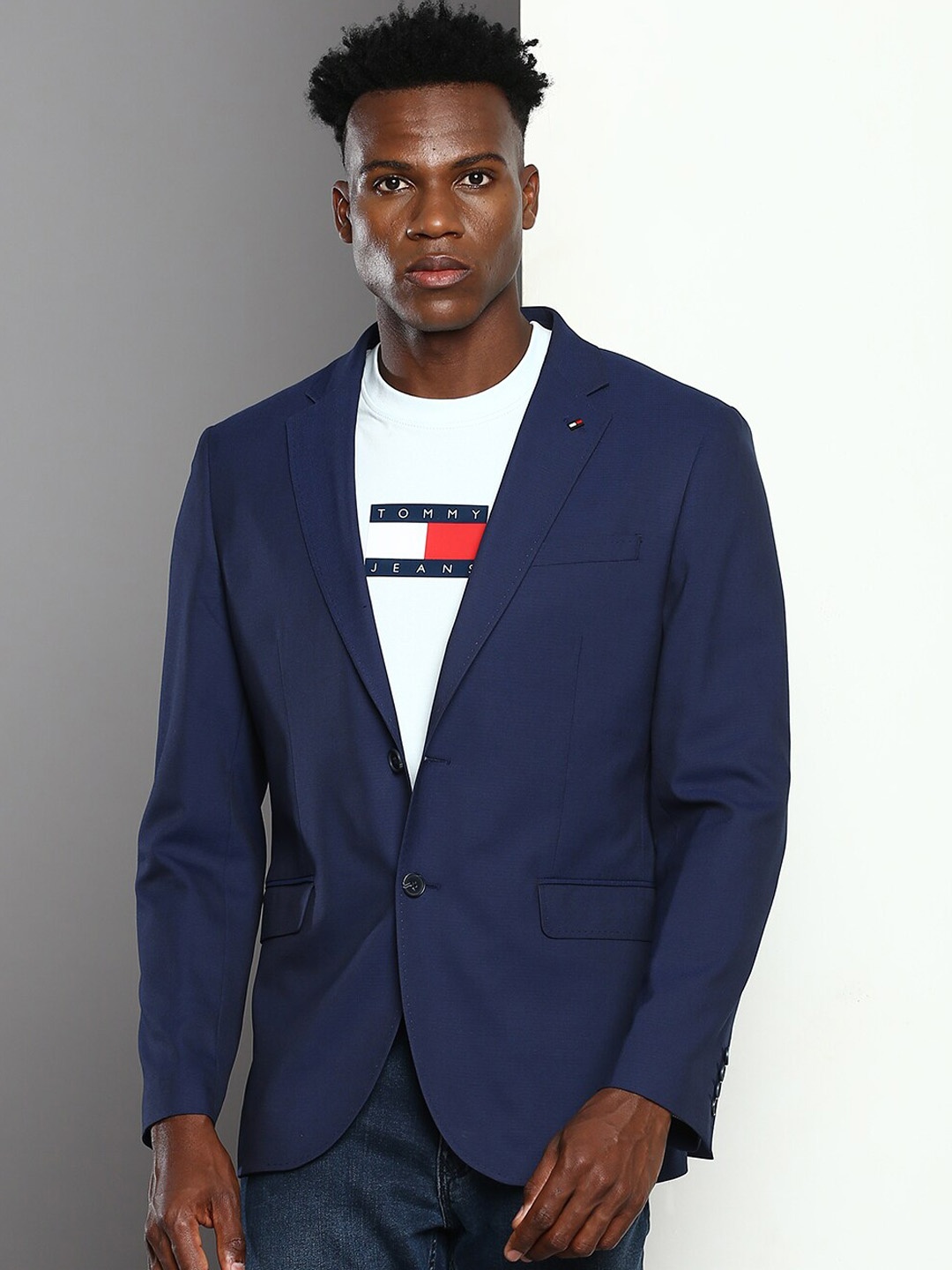 

Tommy Hilfiger Men Notched Lapel Single-Breasted Casual Blazer, Navy blue