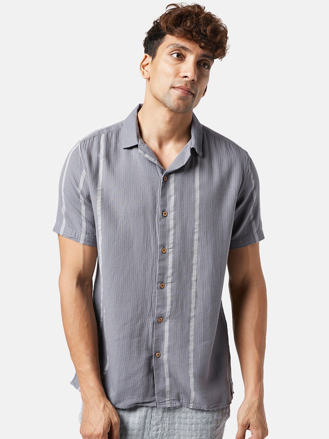 

7 Alt by Pantaloons Striped Opaque Cotton Casual Shirt, Grey