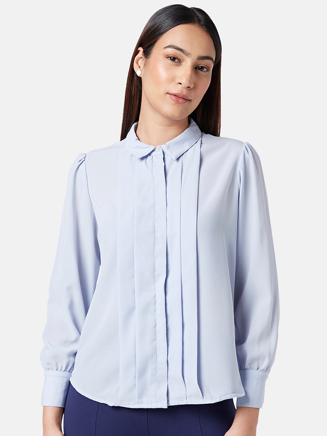 

Annabelle by Pantaloons Puff Sleeves Pleated Casual Shirt, Blue