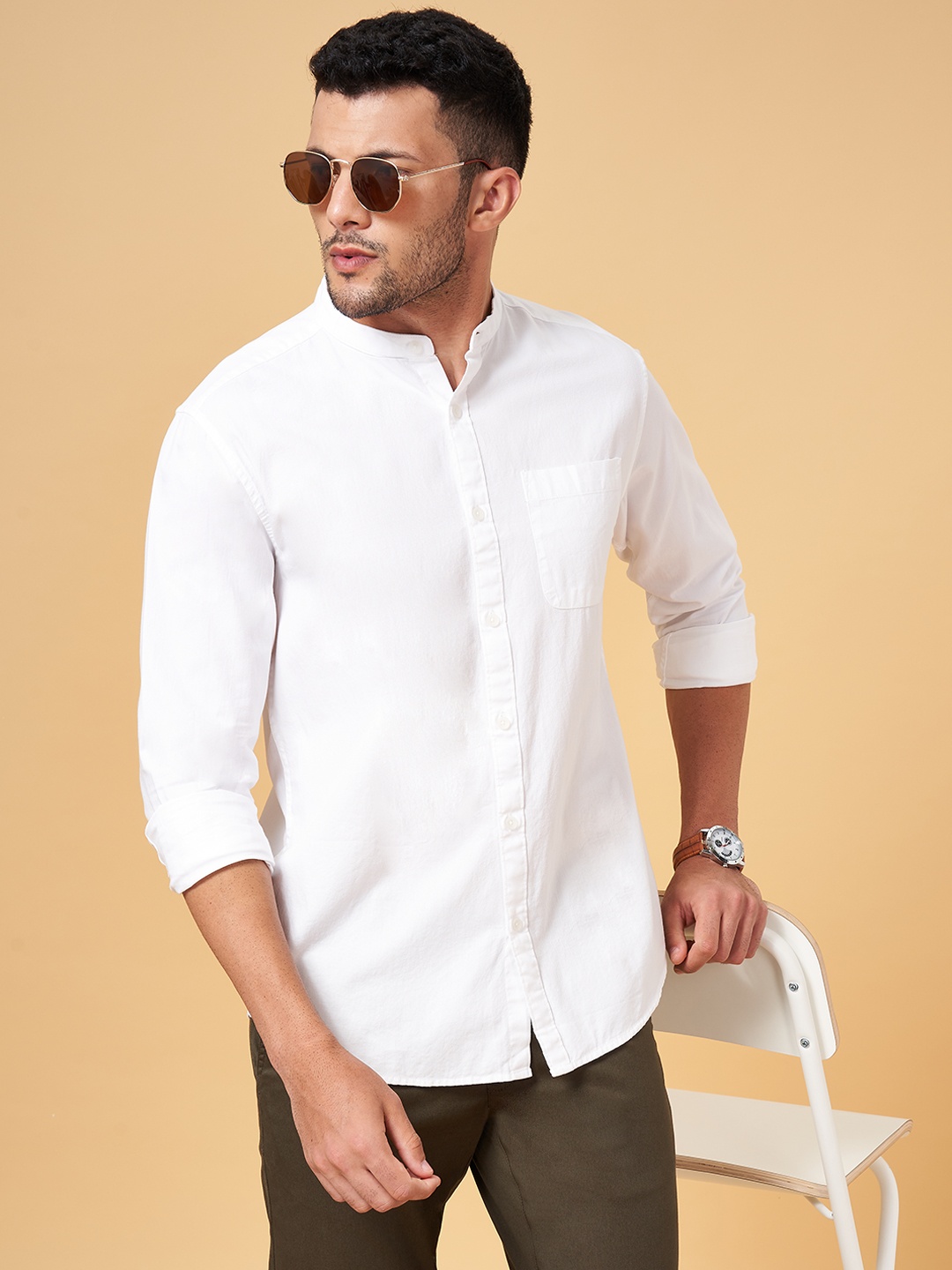 

BYFORD by Pantaloons Mandarin Collar Cotton Slim Fit Casual Shirt, White
