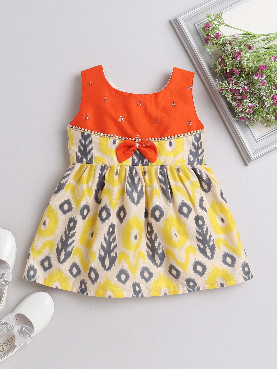 

MANY FROCKS & Infant Girls Ethnic Motif Printed Pure Cotton A-Line Dress, Orange