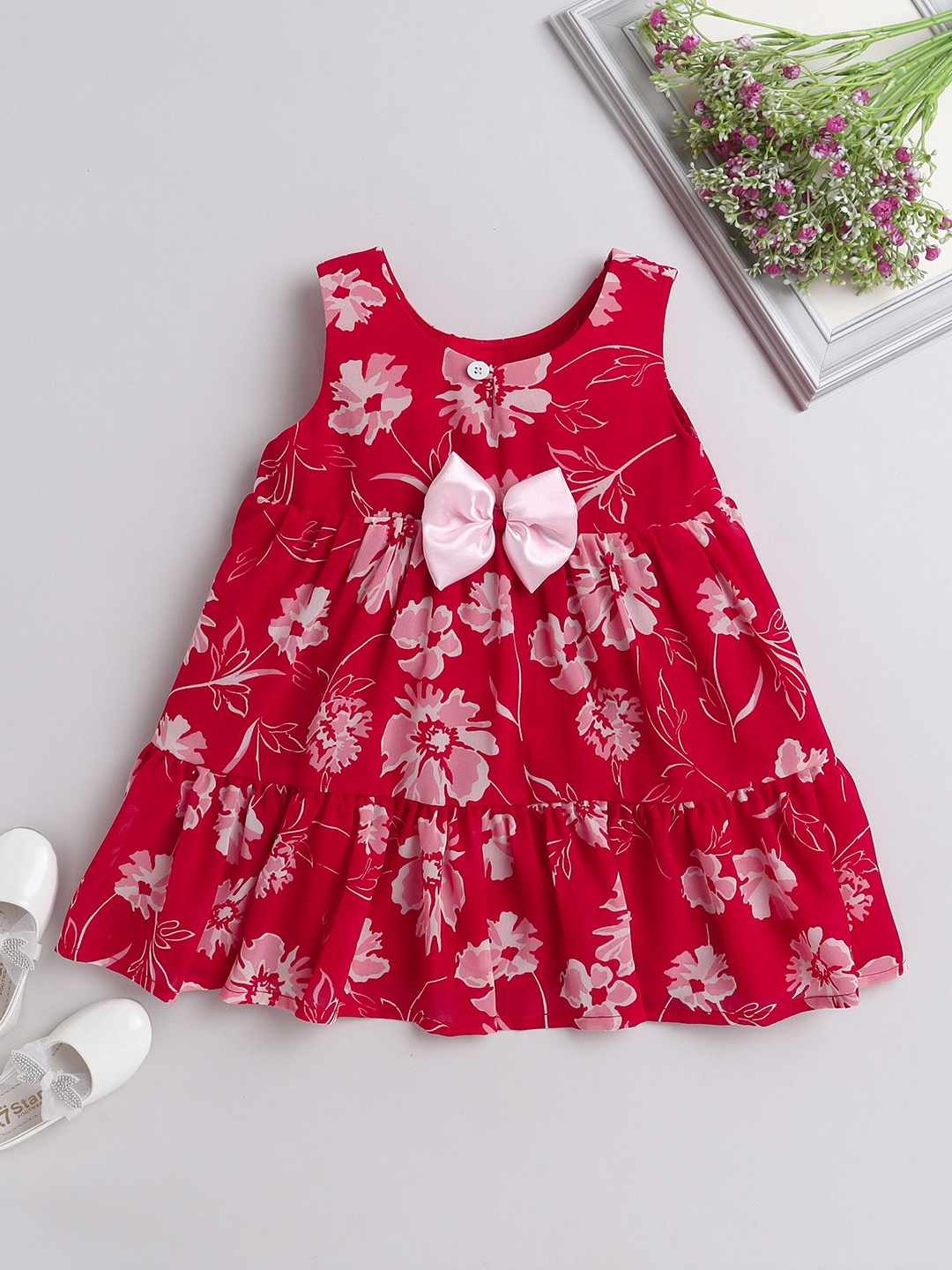 

MANY FROCKS & Infant Girls Floral Print Georgette A-Line Dress, Red