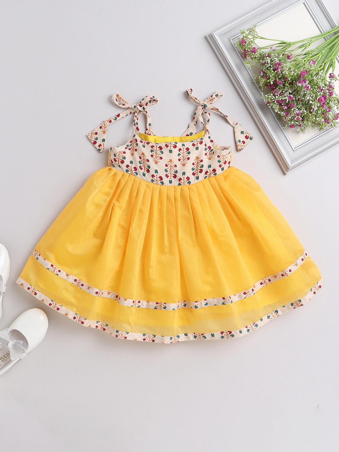 

MANY FROCKS & Infant Girls Floral Printed Pure Cotton A-Line Dress, Yellow