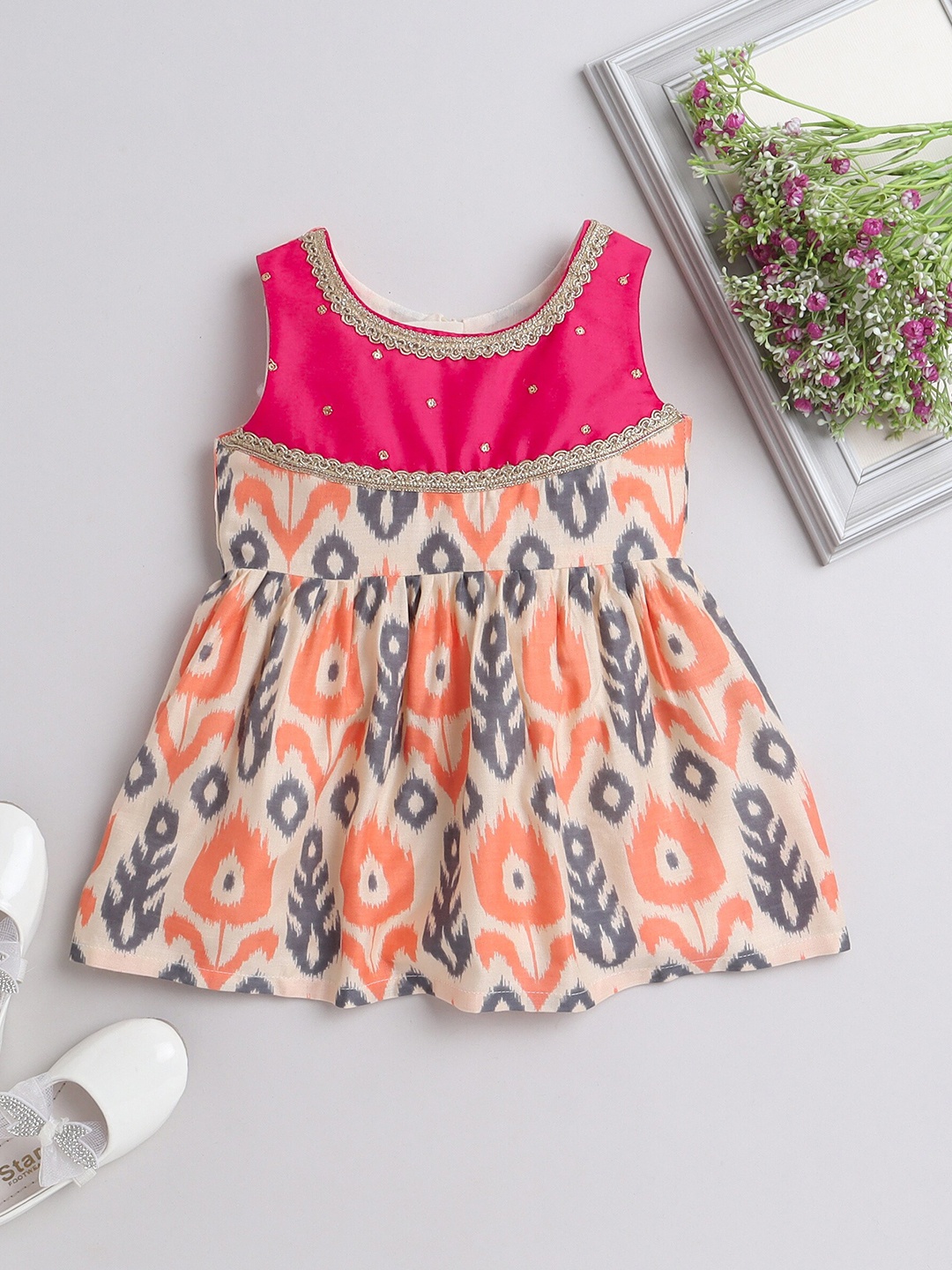 

MANY FROCKS & Infant Girls Ethnic Motif Printed Pure Cotton A-Line Dress, Pink