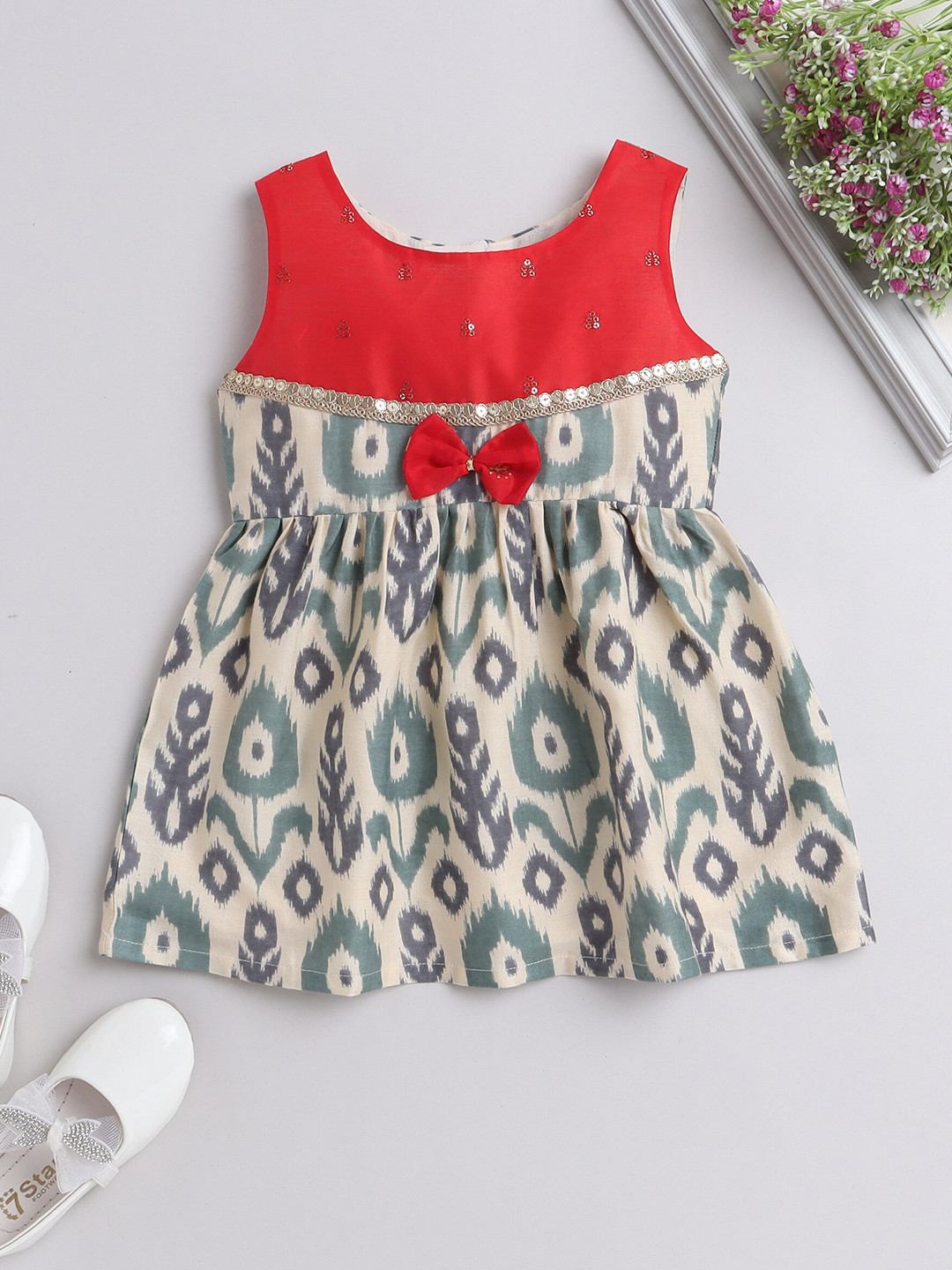 

MANY FROCKS & Infant Girls Ethnic Motif Printed Pure Cotton A-Line Dress, Cream