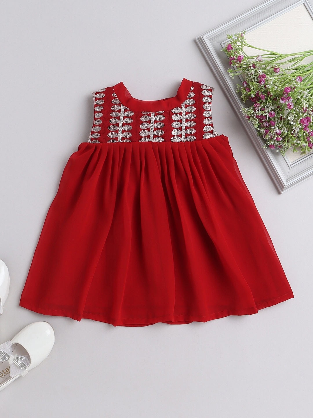

MANY FROCKS & Self Design Sleeveless Georgette A-Line Dress, Maroon