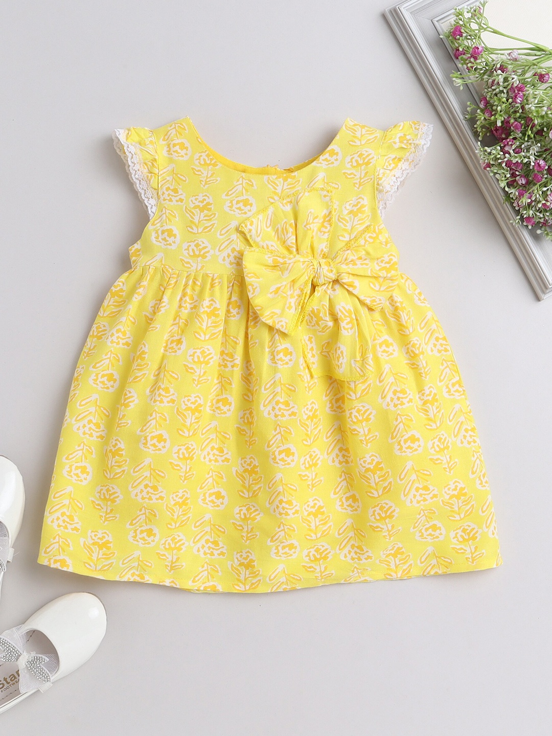 

MANY FROCKS & Girls Floral Printed Bow Fit & Flare Dress, Yellow