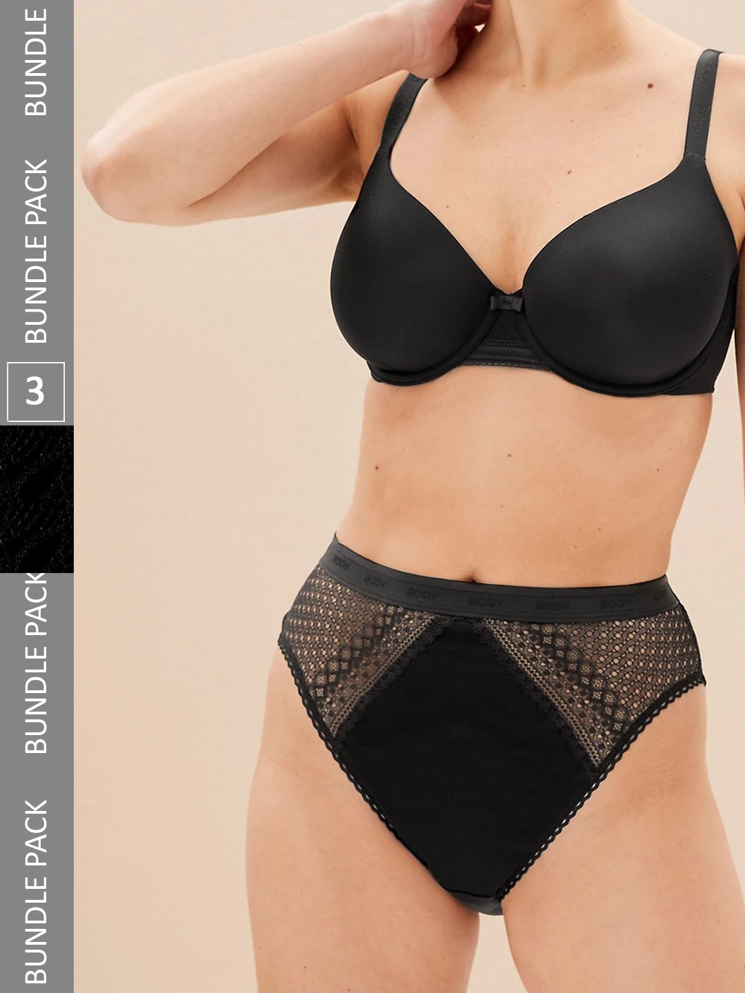 

Marks & Spencer Pack Of 3 Self-Design Lace High-Rise Basic Briefs, Black