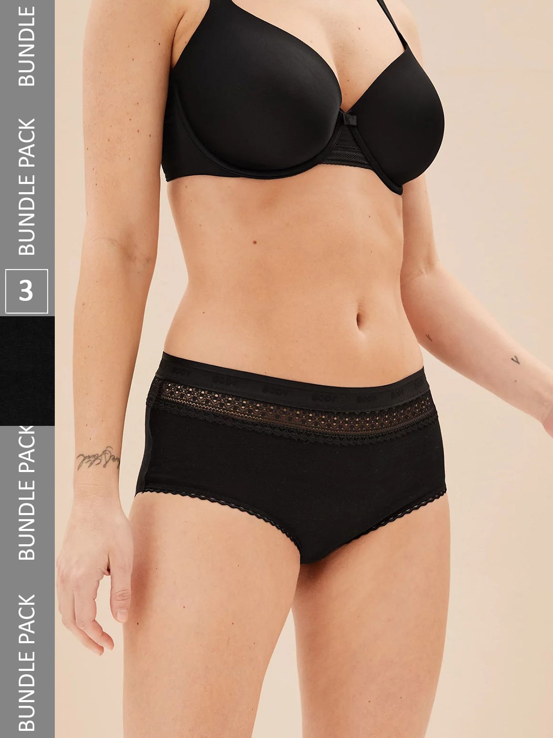 

Marks & Spencer Women Pack of 3 Mid-Rise Lace Detailed Hipsters Briefs, Black