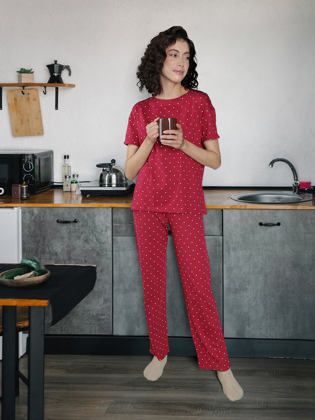 

Marks & Spencer Polka Dots Printed Pure Cotton Night Suit, Red
